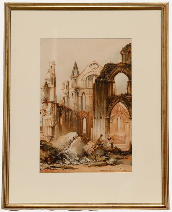 Henry Barlow Carter - 1855 Watercolour, Figures Among Abbey Ruins