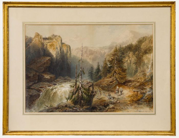 Percival Skelton (fl.1849-1887) - 1886 Watercolour, Travellers in a Rocky Gorge