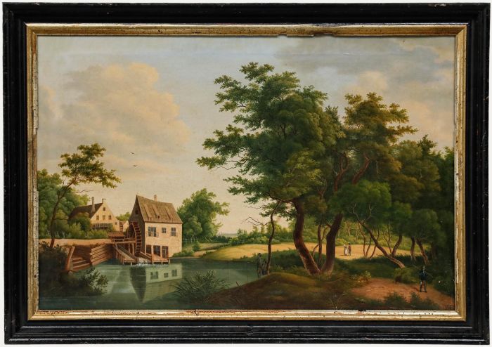 Late Biedermeier 1866 Oil - Fishing by the Watermill