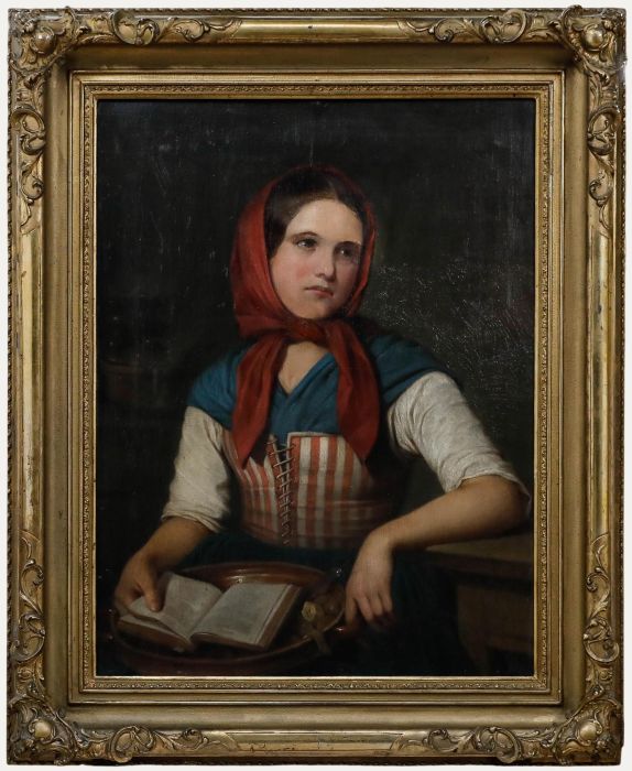 Large Framed Early 20th Century Oil - Lady in the Red Headscarf