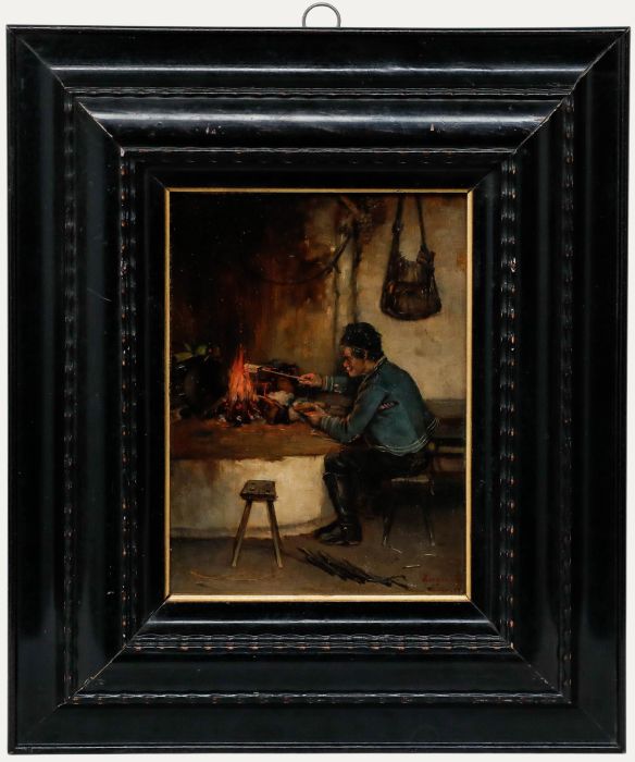 Antal Neogrady (1861-1942) - Framed 1882 Oil, Tending the Fire