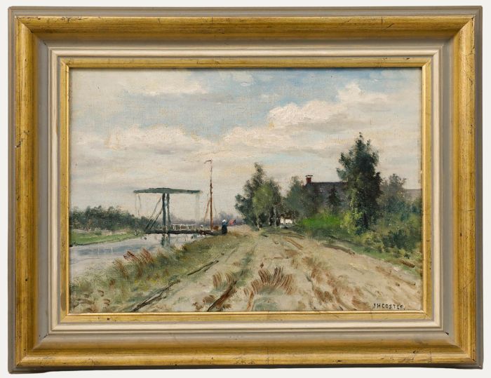 Jan Herman Coster (1846-1920) - Framed Oil, Dutch Landscape with a Drawbridge