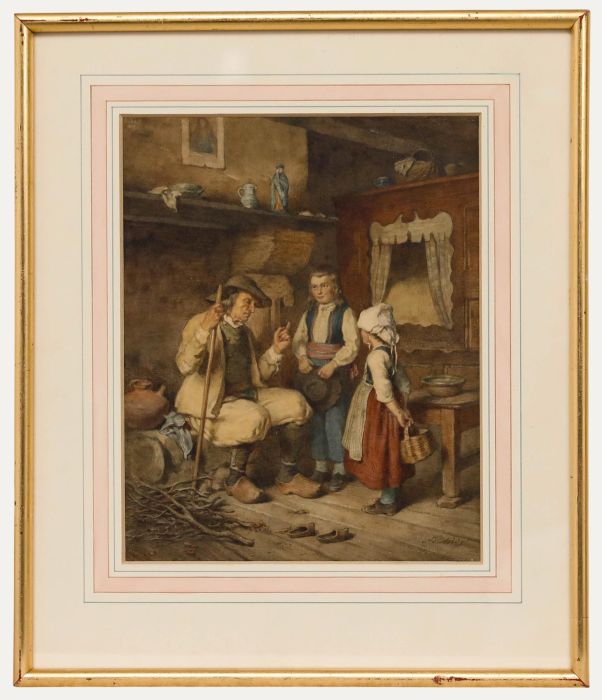 Emmanuel Adolphe Midy (1797-1874) - Framed Watercolour, A Breton Family Cottage