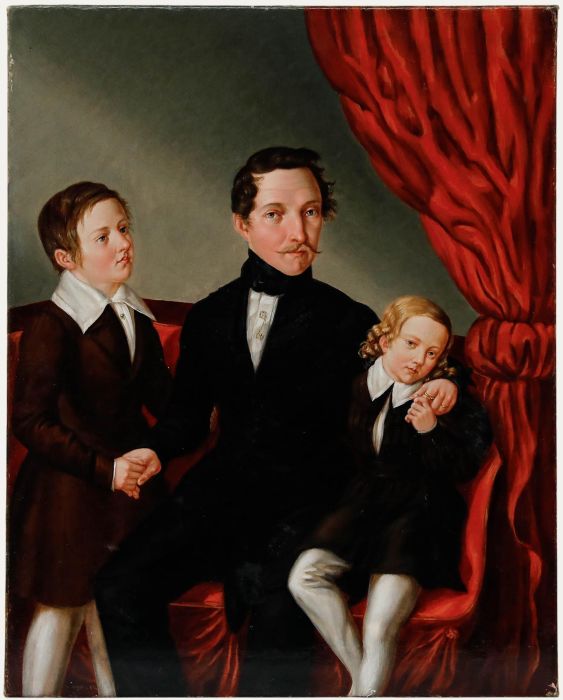 H. Mager - Biedermeier 1840 Oil, Father and his Sons