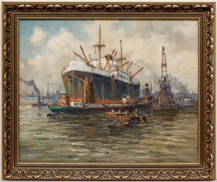 Gerard Wiegman (1875-1964) - Mid 20th Century Oil, Loading the Cargo Ship
