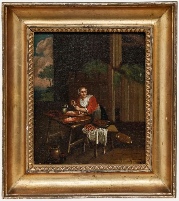 Dutch School 19th Century Oil - Making Sausages