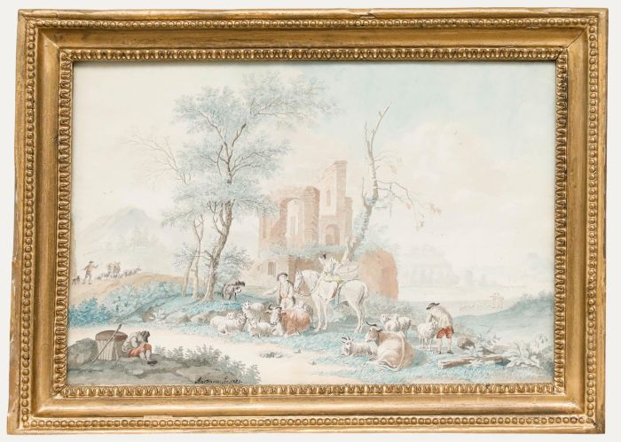 Nicolaes Aartman (1713-1760) - Framed 1759 Watercolour, Resting by the Ruins