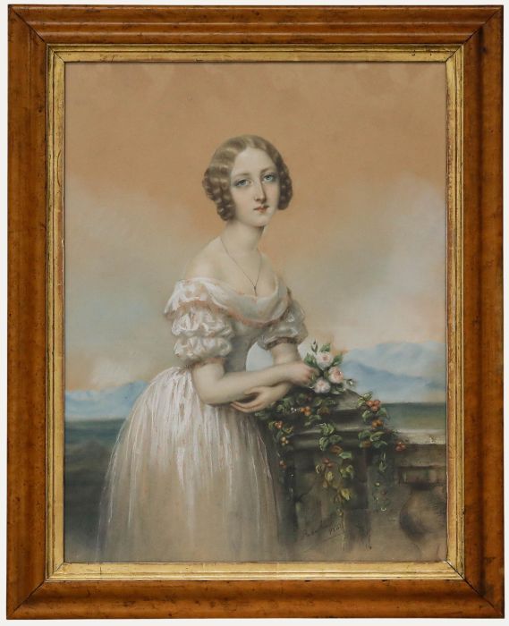 Framed Mid 19th Century Pastel - Young Woman in a Pink Gown