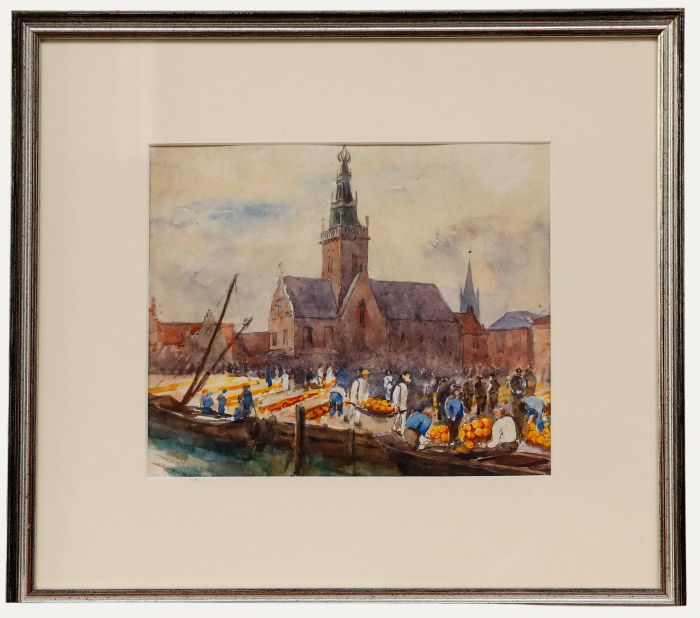 Framed Early 20th Century Watercolour - Cheese Market in Alkmaar