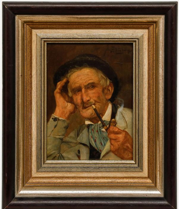 Josef Süss - Early 20th Century Oil, Portrait of a Man Smoking a Pipe