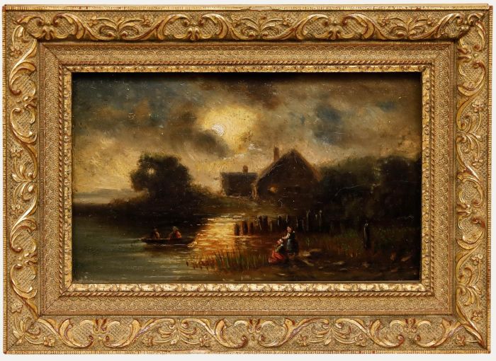 19th Century Oil - Moonlit Lake Scene