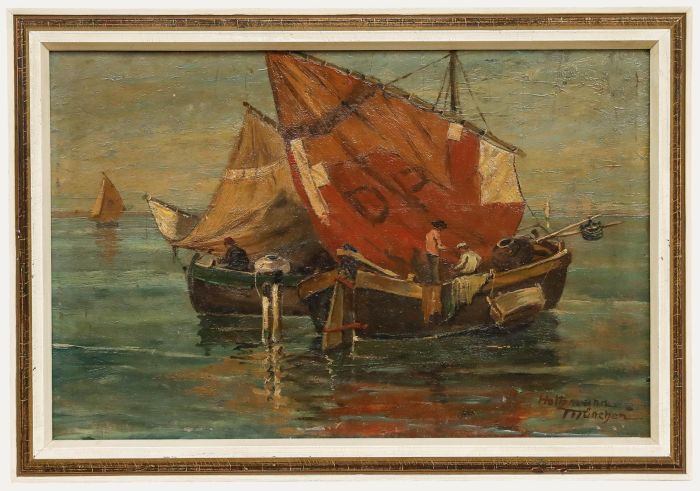 Holzmann - Early 20th Century Oil, Lowering the Sails