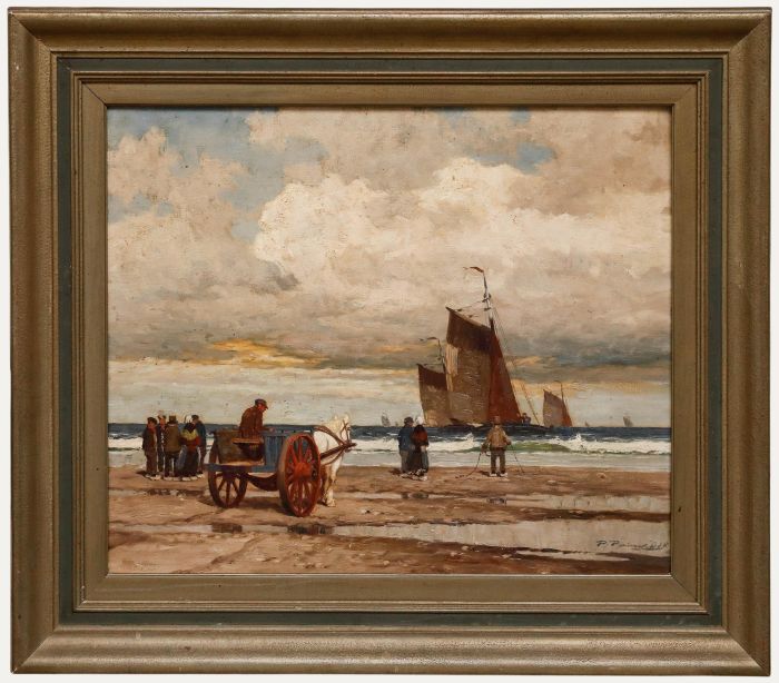 Peter Pulm - Framed Early 20th Century Oil, Fisherfolk Gathered on the Shore