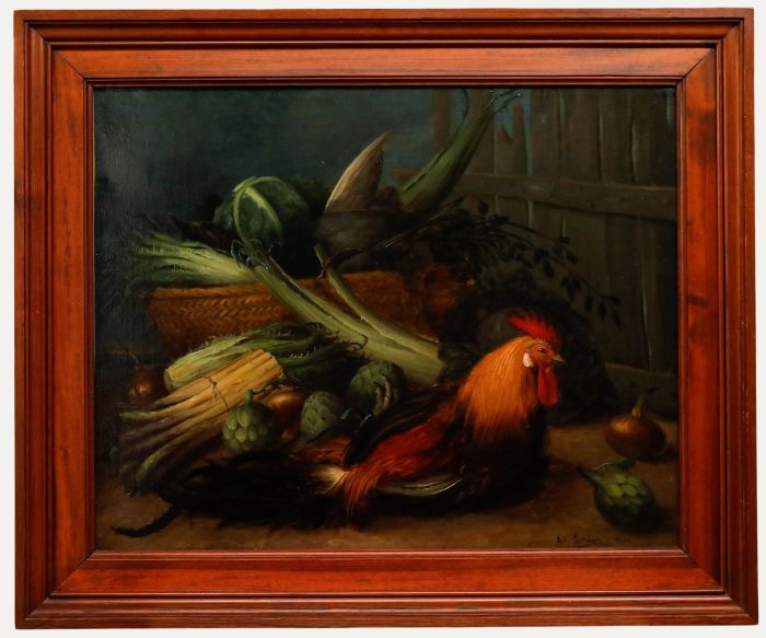 Early 20th Century Oil - Rooster and Vegetables