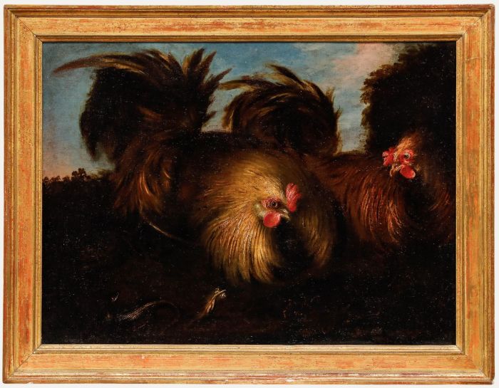 Follower of Melchior d'Hondecoeter - Framed 18th Century Oil, Roosters & a Snake