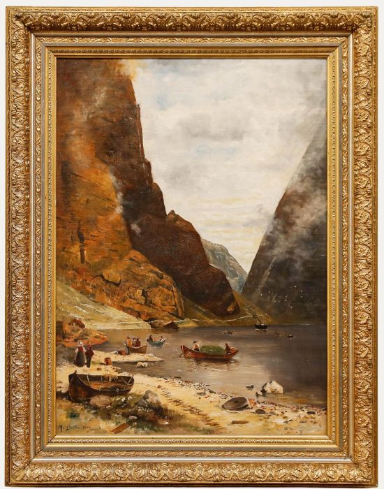 M. Bieber after Georg Rasmussen - 1906 Oil, Fjord Landscape with Fishermen