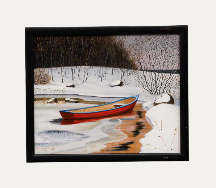 Peter Borotinskij - Framed Contemporary Oil, Red Canoe in Winter