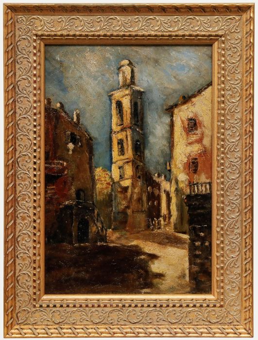 Framed Mid 20th Century Oil - Bastia Bell Tower