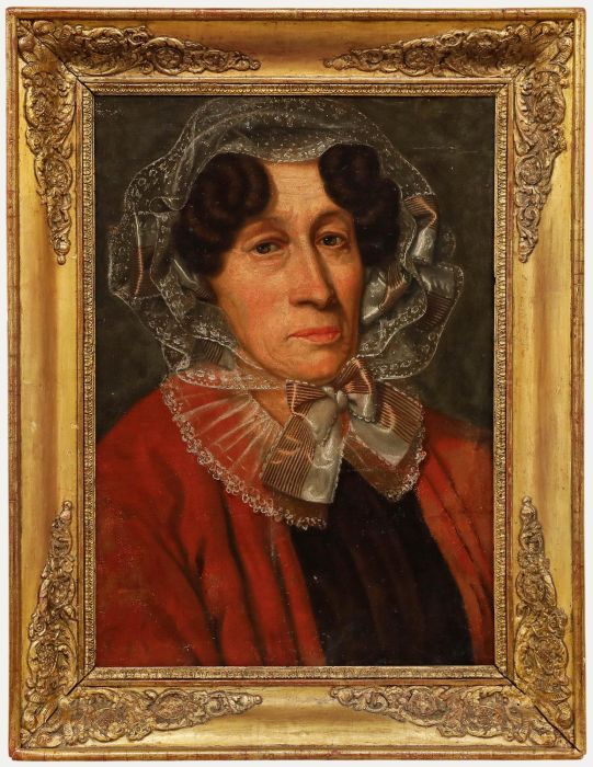 French School - Early 19th Century Oil, Portrait of a Woman in a Lace Bonnet