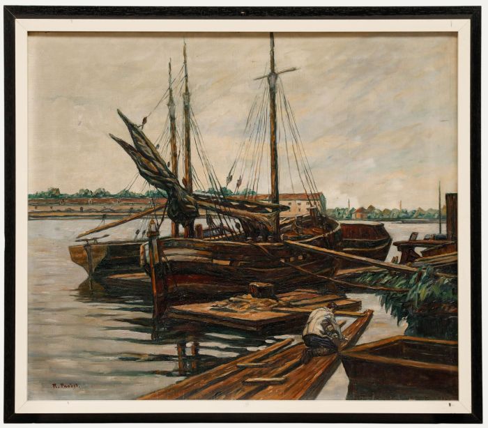 Rudolf Probst - Mid 20th Century Oil, Moored Fishing Boats