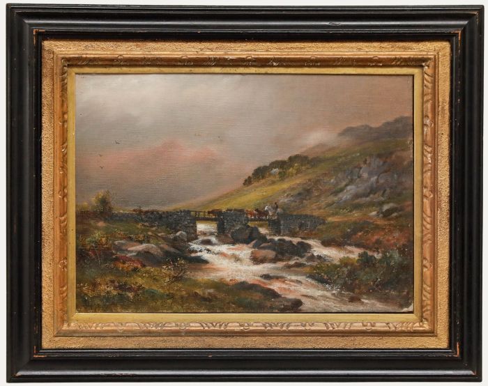 Framed Late 19th Century Oil - Cattle Crossing a Bridge