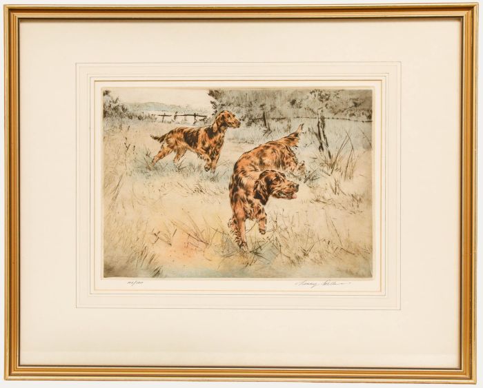 Henry Wilkinson - Framed 20th Century Etching, Red Setters in a Rural Landscape