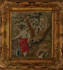19th Century Needlepoint - Petit Point, The Milkmaid and the Piper