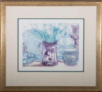 Sally Winter - Contemporary Etching, White Tulips With Blue China