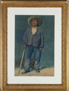 Attrib. Hector Caffieri (1837-1942) - French Watercolour, Farmer with Staff