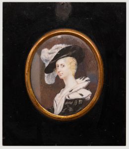 19th Century Portrait Miniature - Watercolour, Lady in a Feathered Hat