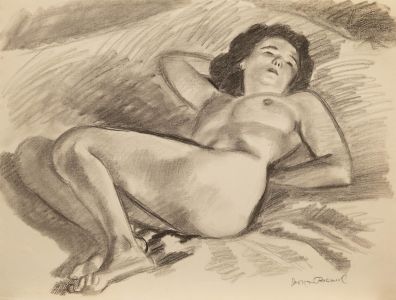 Georges Pacouil (1903-1996) - Mid 20th Century Charcoal Drawing, Nude on Bed