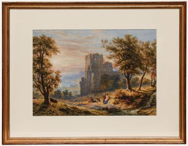 Mid 19th Century Watercolour - Figures Resting by Ruined Castle