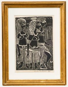 Arne Lindaas (1924-2011) - Framed 1948 Wood Engraving, Three Native Figures