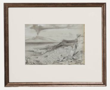 N. Darby- Framed 19th Century Graphite Drawing, Volcanic Landscape with Shepherd