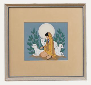 Harrison Begay (1917-2012) - Navajo 20th Century Silkscreen, Girl with Kids