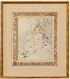 19th Century Watercolour - Child Holding Flowers