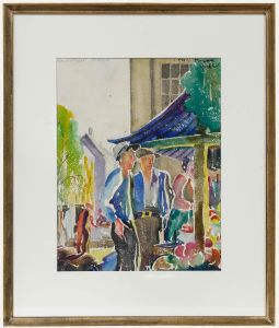 Fredrick Roberts Johnson (1900-1986) - Watercolour, Market in Hortoget Square