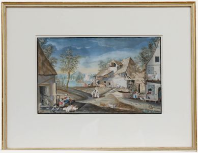 Fine Early 19th Century Gouache - Bustling Rural Scene