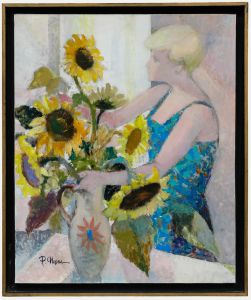 Pierre Neveu (b.1929) - Contemporary Oil, The Lady & Sunflowers