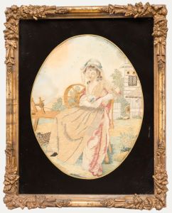 Georgian Early 19th Century Embroidery - Lady and Spinning Wheel