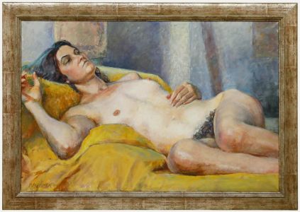 Pauline Plummer (b.1933) - Framed Contemporary Oil, Lady on the Yellow Throw