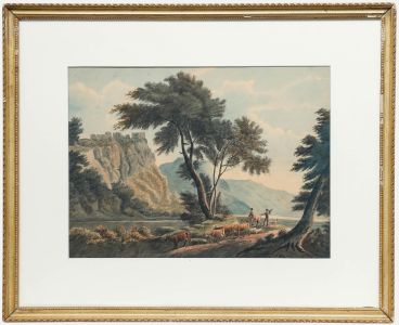 Framed 19th Century Watercolour - Herding Cattle Under the Castle Ruins