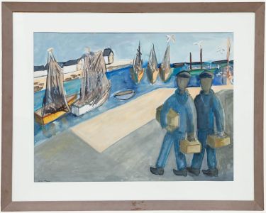 Framed 20th Century Gouache - Day On the Docks