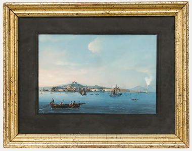 Neapolitan School 19th Century Gouache - View of Naples and Mount Vesuvius