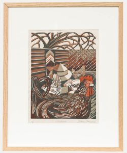 Diana Gunnell - Framed 1986 Linoprint, Chickens
