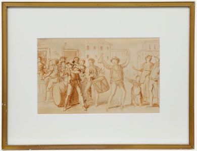 Framed 18th Century Sepia Watercolour - Revellers in a Street