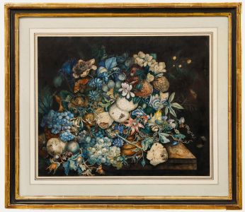 Framed 19th Century Watercolour - Still Life with Flowers and Insects