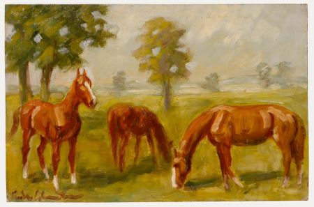Kurt Glauber (1886-1963) - Mid 20th Century Oil, Chestnut Horses Grazing