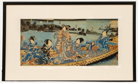 Toyohara Kunichika - 1863 Japanese Woodblock, Young Genji Cruising Omi Hakkei