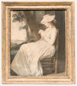After George Romney - 1787 Stipple Engraving, Miss Vernon as The Seamstress
